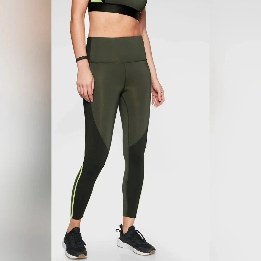 ATHLETA Spar Color Block 7/8 Tight, Color Black/Green/Yellow, Size XXS